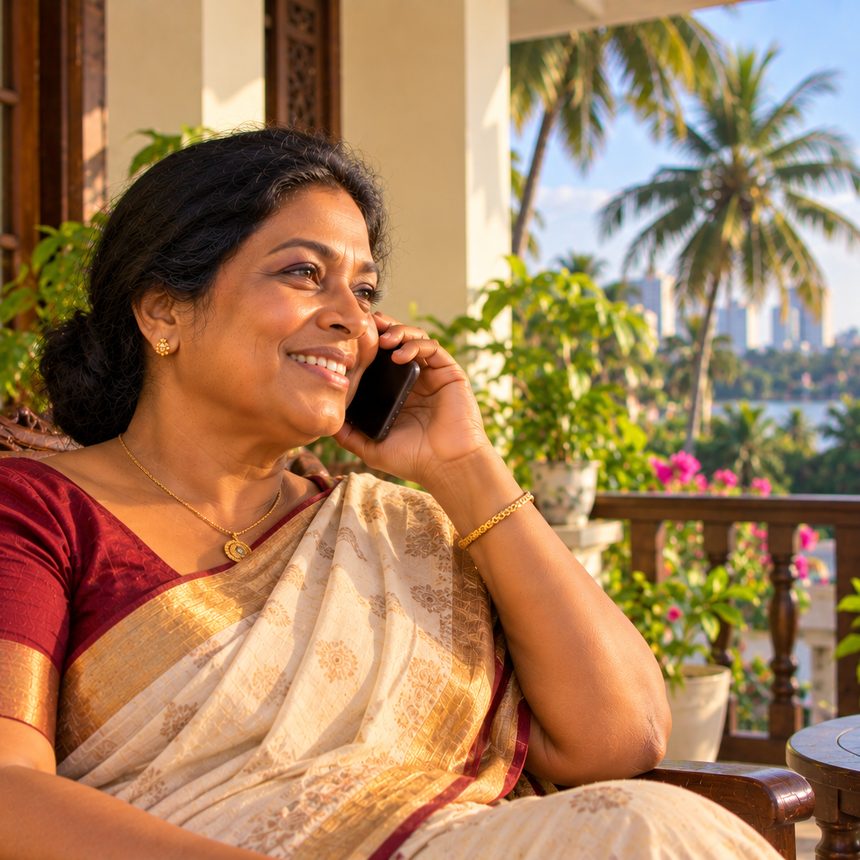 A woman in Colombo smiling as she answers her phone
