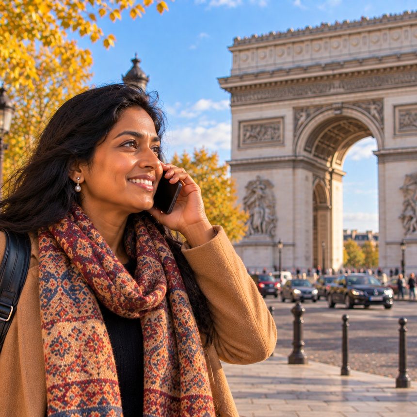 A caller in France smiling as they talk on the phone