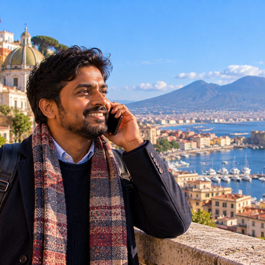 A caller in Italy smiling as they talk on the phone